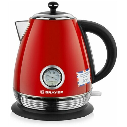 Чайник с термометром BRAYER BR1007RD, 1,7 л, 2200 Вт, закрытый нагревательный элемент, сталь, красный Brayer