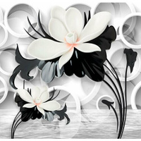 Моющиеся виниловые фотообои Цветы у воды черно-белое 3D, 300х290 см GrandPik