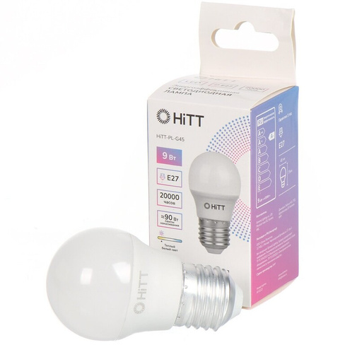 Лампа светодиодная E27, 9 Вт, 90 Вт, 230 В, шар, 3000 К, свет теплый белый, HiTT, HiTT-PL-G45