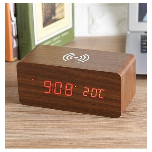 Часы будильник с LED дисплеем индикацией температуры и беспроводной зарядкой мобильного телефона под дерево HappyKo